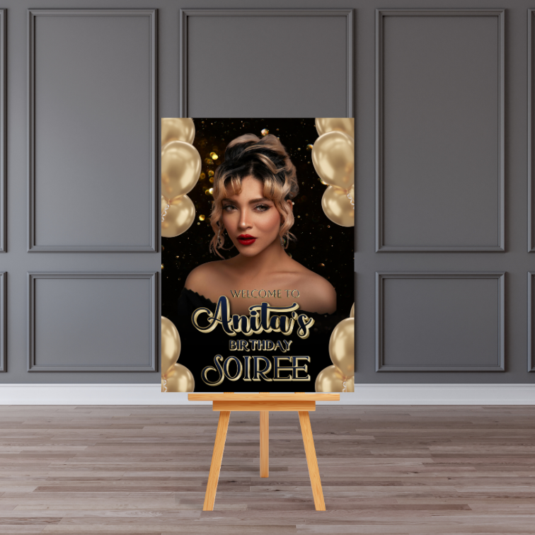Personalised Birthday Welcome Board Sign (Gold & Black Glam Soirée)