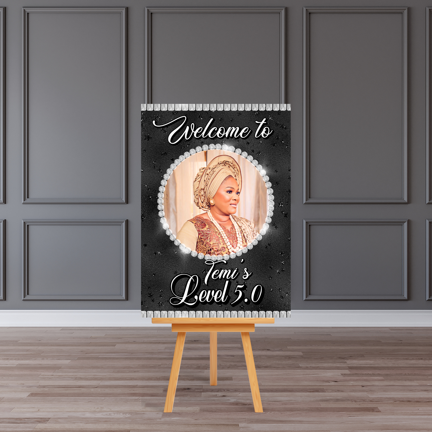 Personalised 50th Birthday Welcome Board Sign (Black & Silver “Level 5.0”)