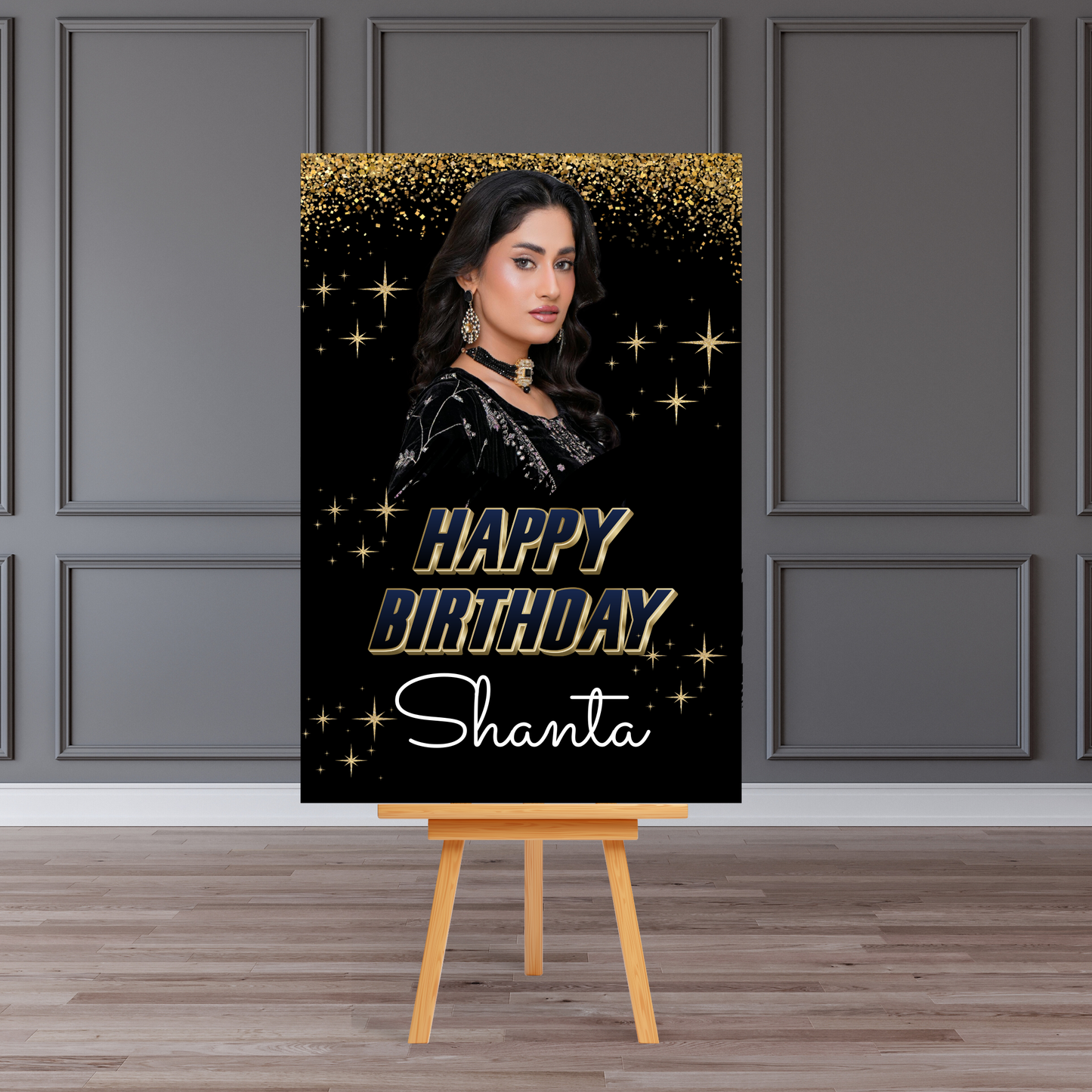 Personalised Birthday Photo Welcome Board Sign (Black & Gold Sparkle)