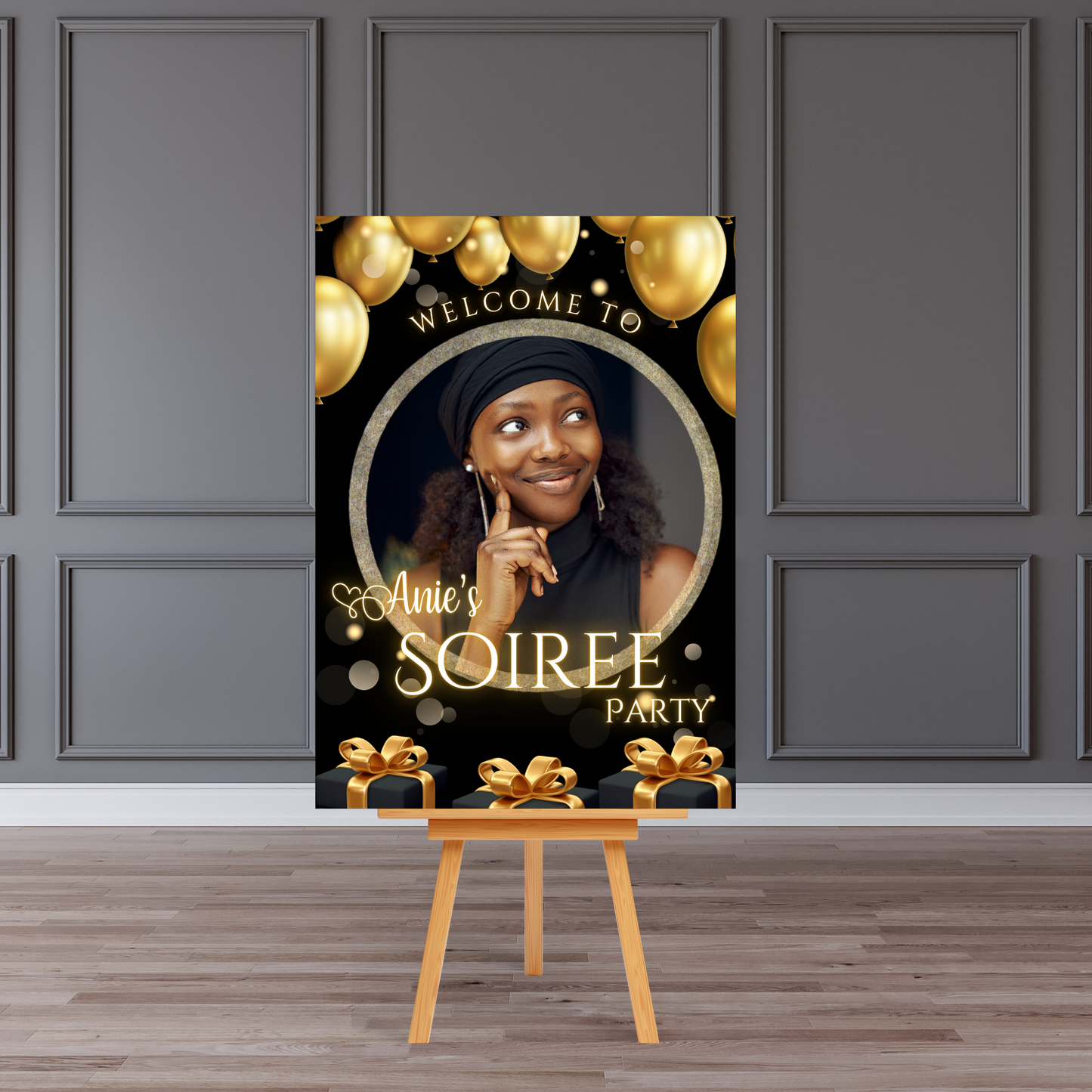 Personalised Birthday Soirée Welcome Board Sign (Black & Gold Balloons Photo)