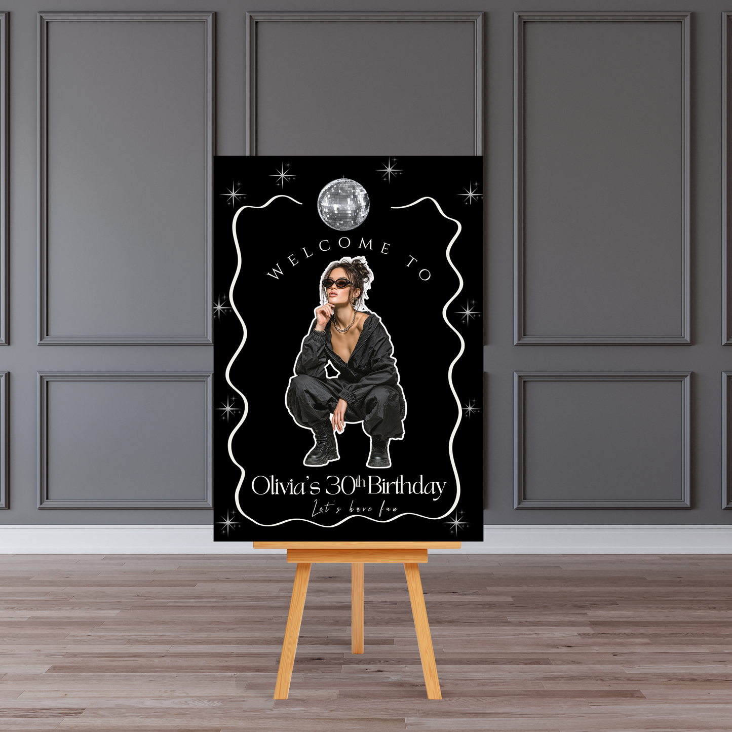 Personalised 30th Birthday Welcome Board Sign (Black Disco Theme)