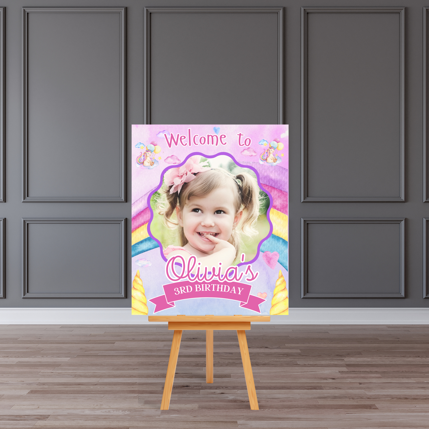 Personalised Unicorn Rainbow Birthday Welcome Board Sign