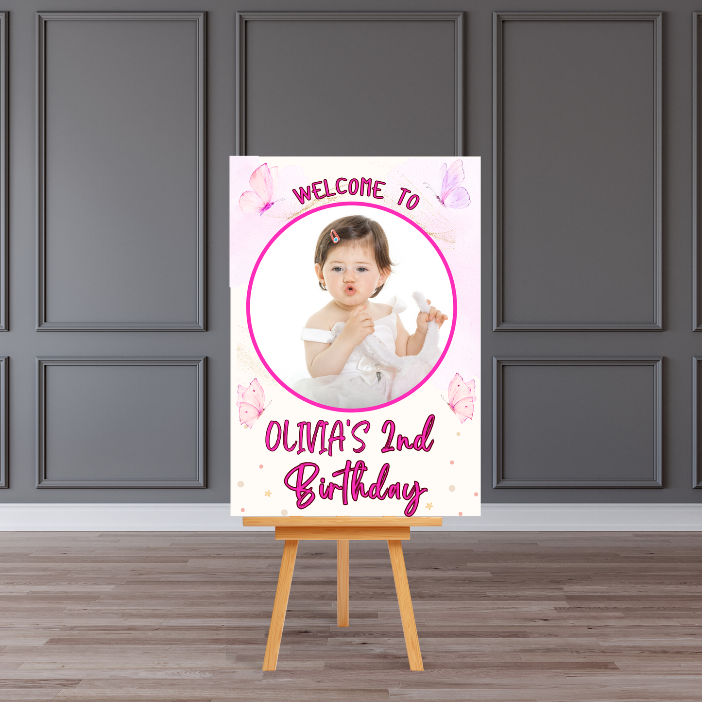Personalised 2nd Birthday Photo Welcome Board Sign (Pink Butterfly Theme)
