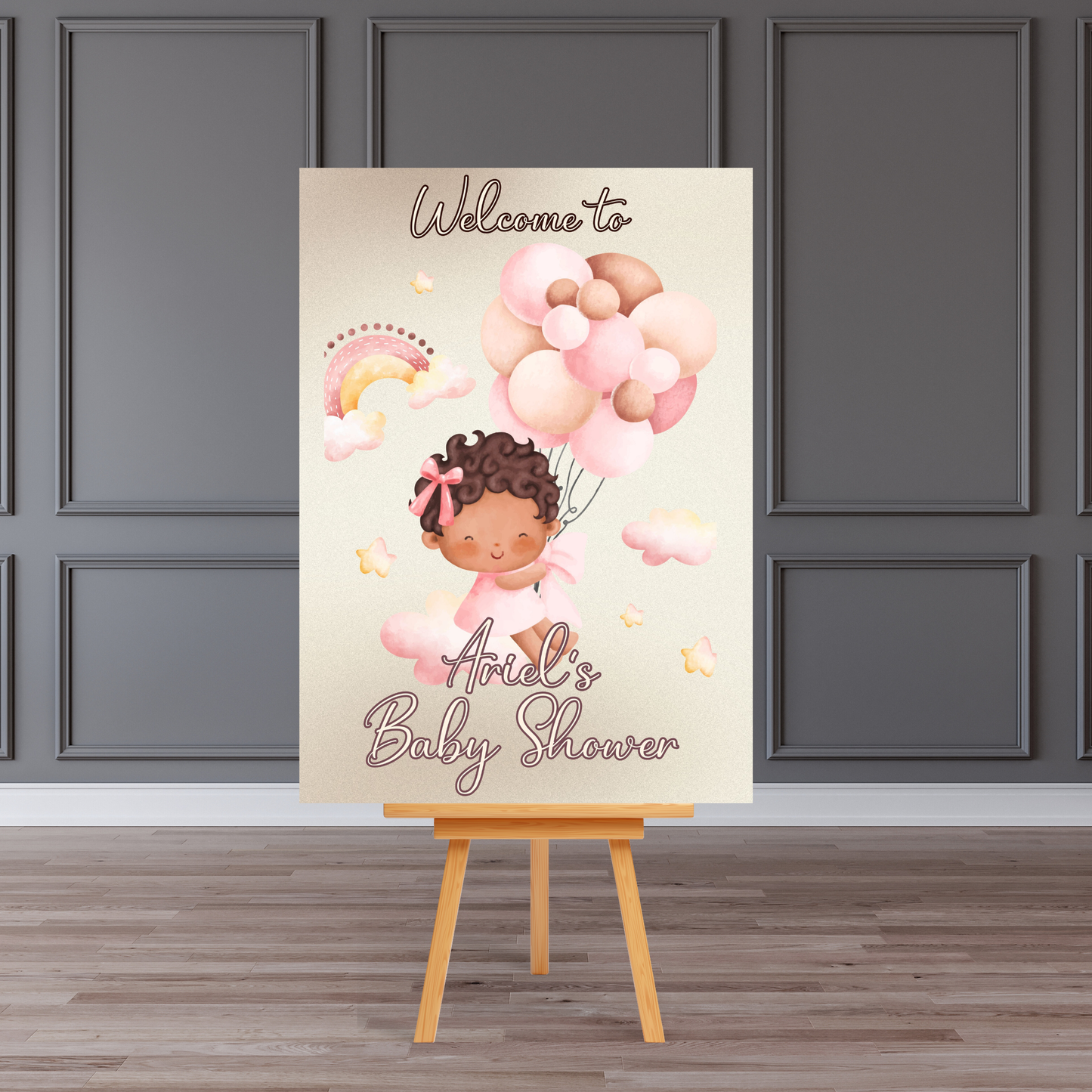 Personalised Baby Shower Welcome Board Sign (Pink Balloon & Rainbow Theme)