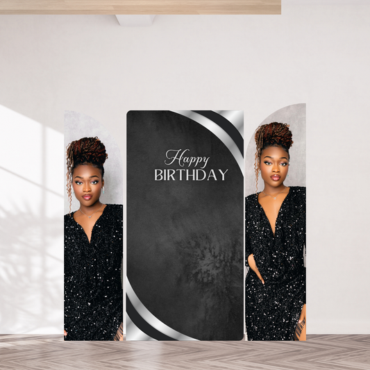 Custom Photo Birthday Backdrop | Personalized Picture Banner with Black and Silver Design | UK