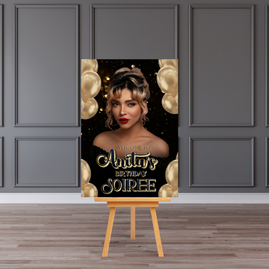 Personalised Birthday Welcome Board Sign (Gold & Black Glam Soirée)