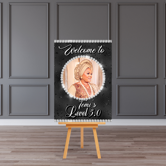 Personalised 50th Birthday Welcome Board Sign (Black & Silver “Level 5.0”)