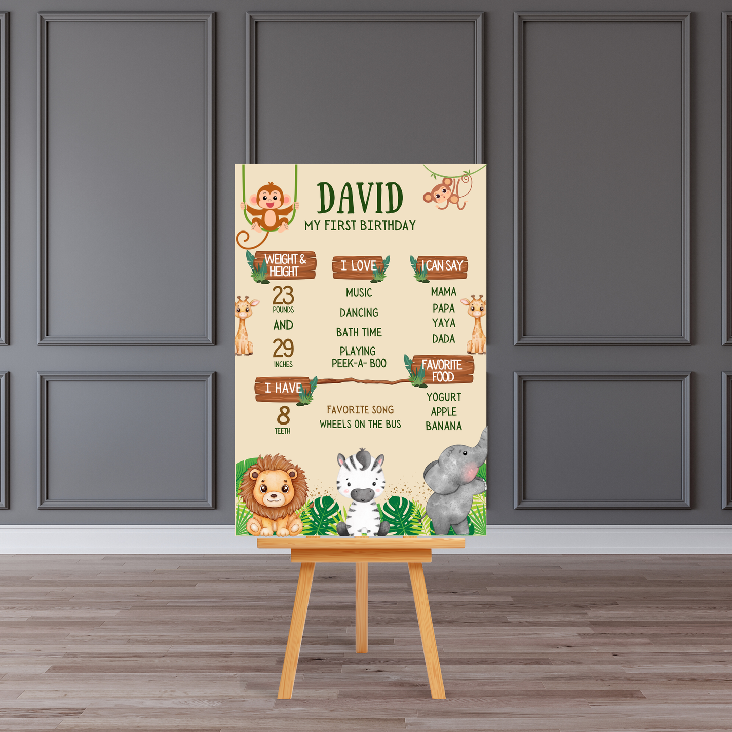 Personalised 1st Birthday Milestone Welcome Board Sign (Safari Jungle Theme)