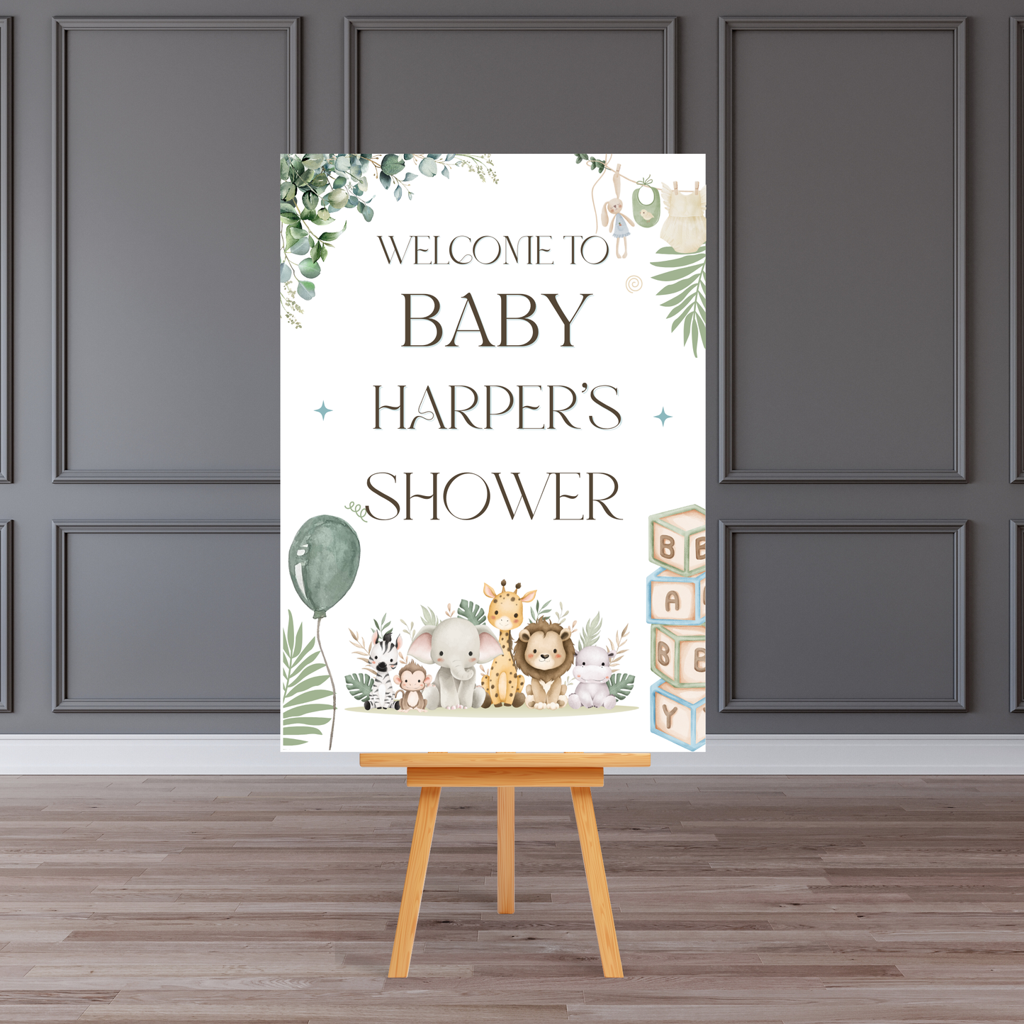 Personalised Baby Shower Welcome Board Sign (Neutral Safari Animals)