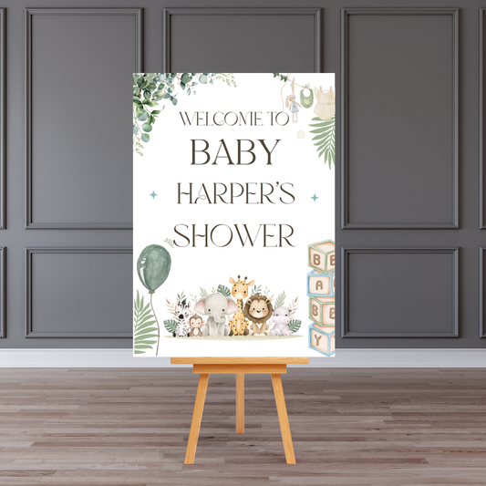 Personalised Baby Shower Welcome Board Sign (Neutral Safari Animals)