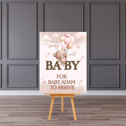 Personalised Baby Shower Welcome Board Sign (Teddy Bear & Balloons Theme)