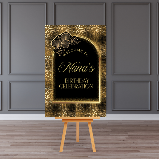 Personalised Birthday Welcome Board Sign (Black & Gold Glitter Arch)