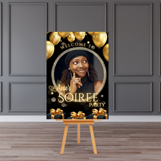 Personalised Birthday Soirée Welcome Board Sign (Black & Gold Balloons Photo)