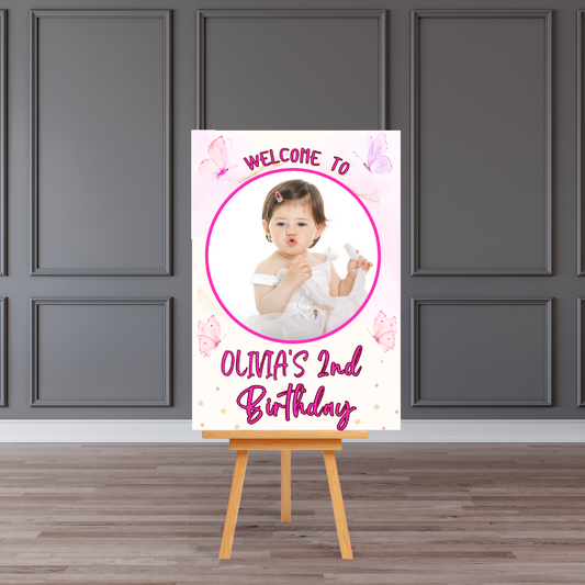 Personalised 2nd Birthday Photo Welcome Board Sign (Pink Butterfly Theme)