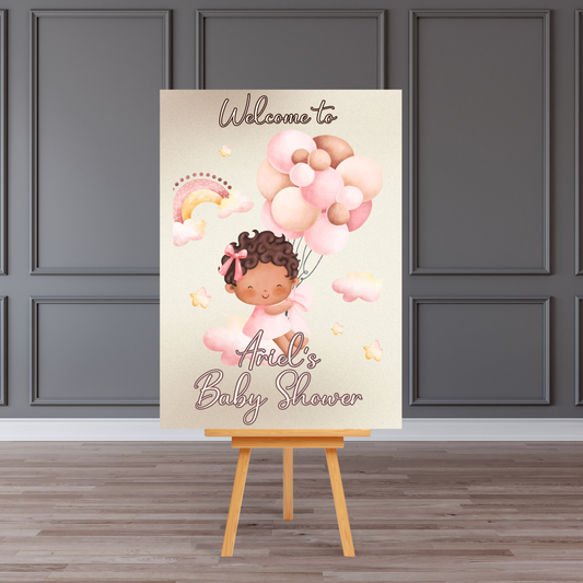 Personalised Baby Shower Welcome Board Sign (Pink Balloon & Rainbow Theme)