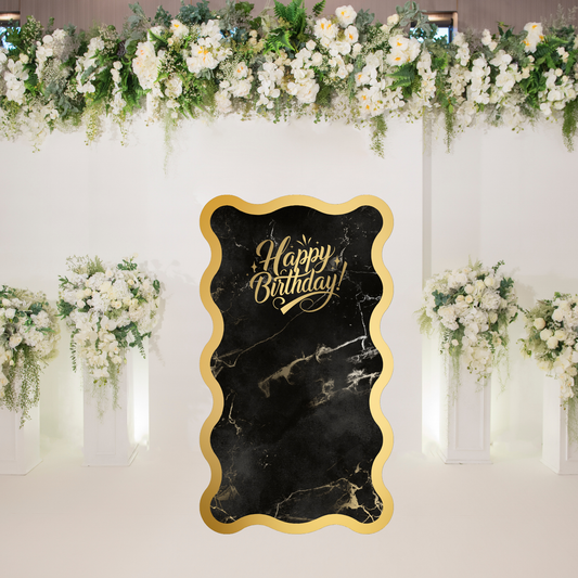 Luxury Black and Gold Birthday Party Backdrop | Wave Garland Design | Custom UK Printing