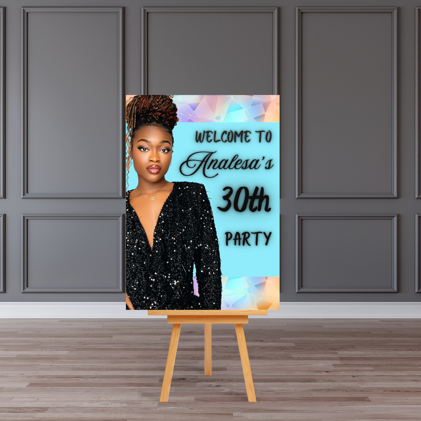 Personalised 30th Birthday Photo Welcome Board Sign (Blue Holographic Glam)