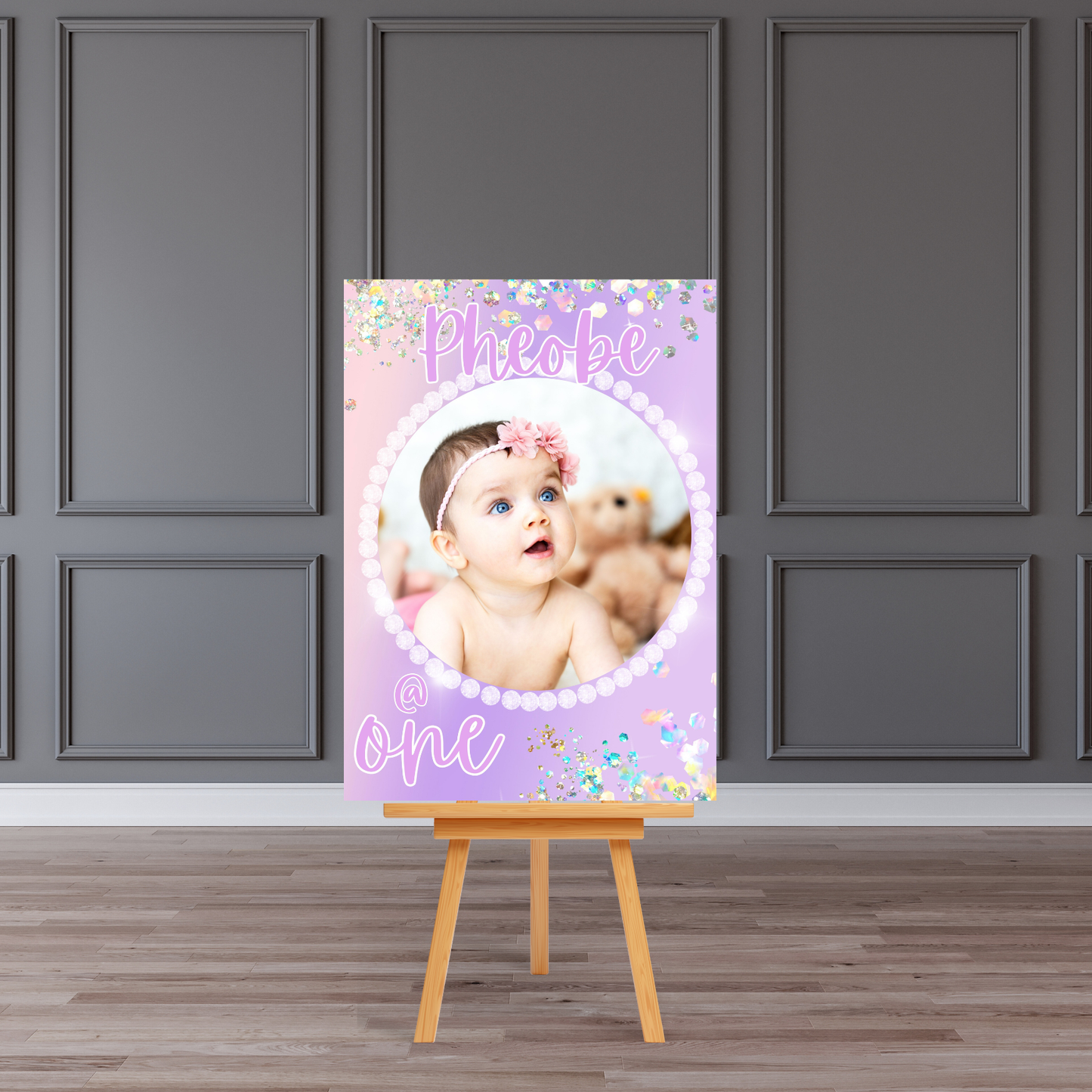 Personalised 1st Birthday Photo Welcome Board Sign (Pastel Confetti “One”)