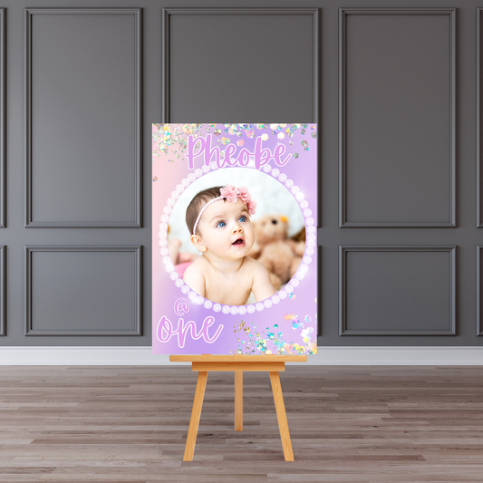 Personalised 1st Birthday Photo Welcome Board Sign (Pastel Confetti “One”)