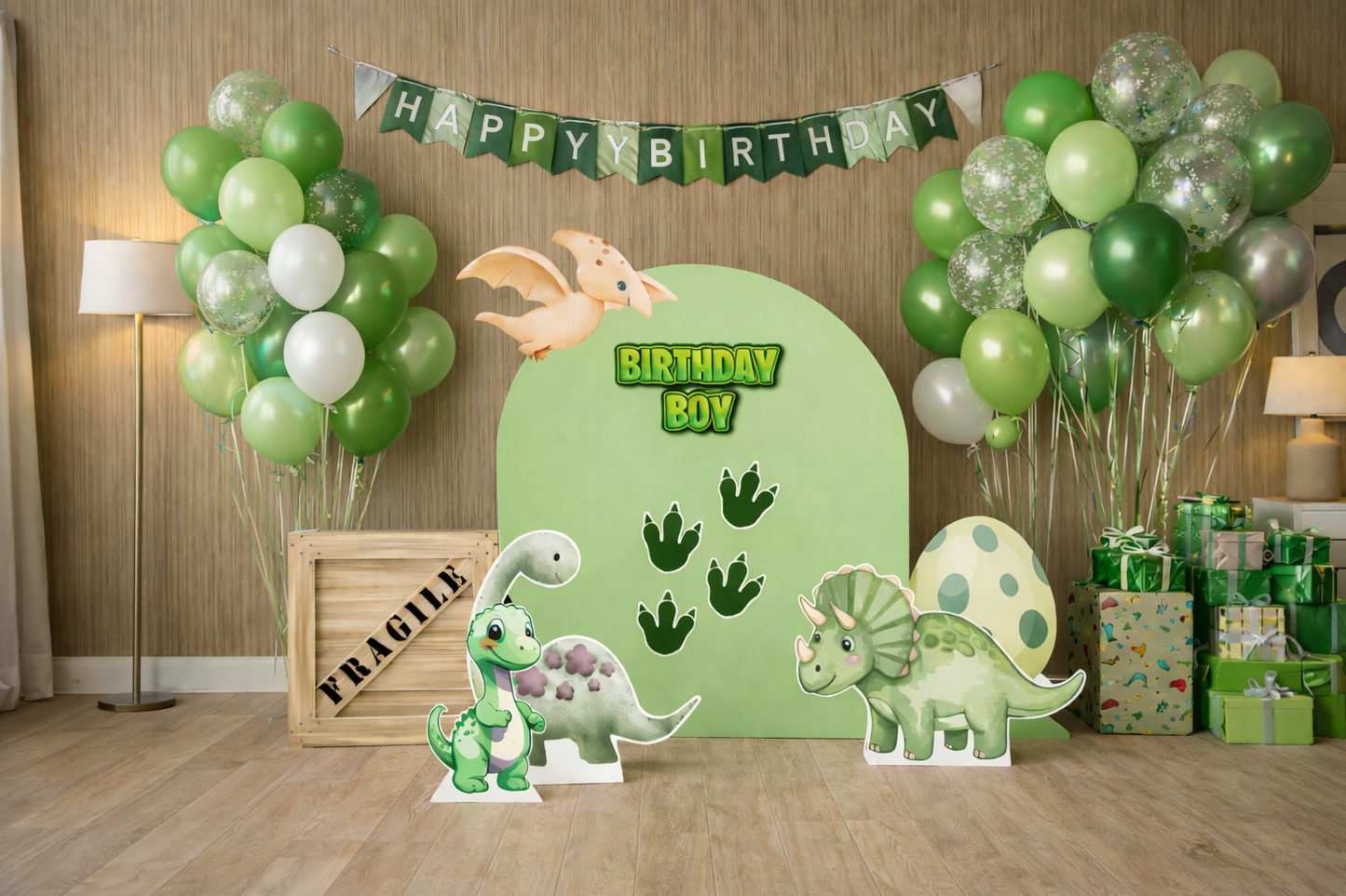 Dinosaur Birthday Boy Backdrop | Green Jungle Party Setup
