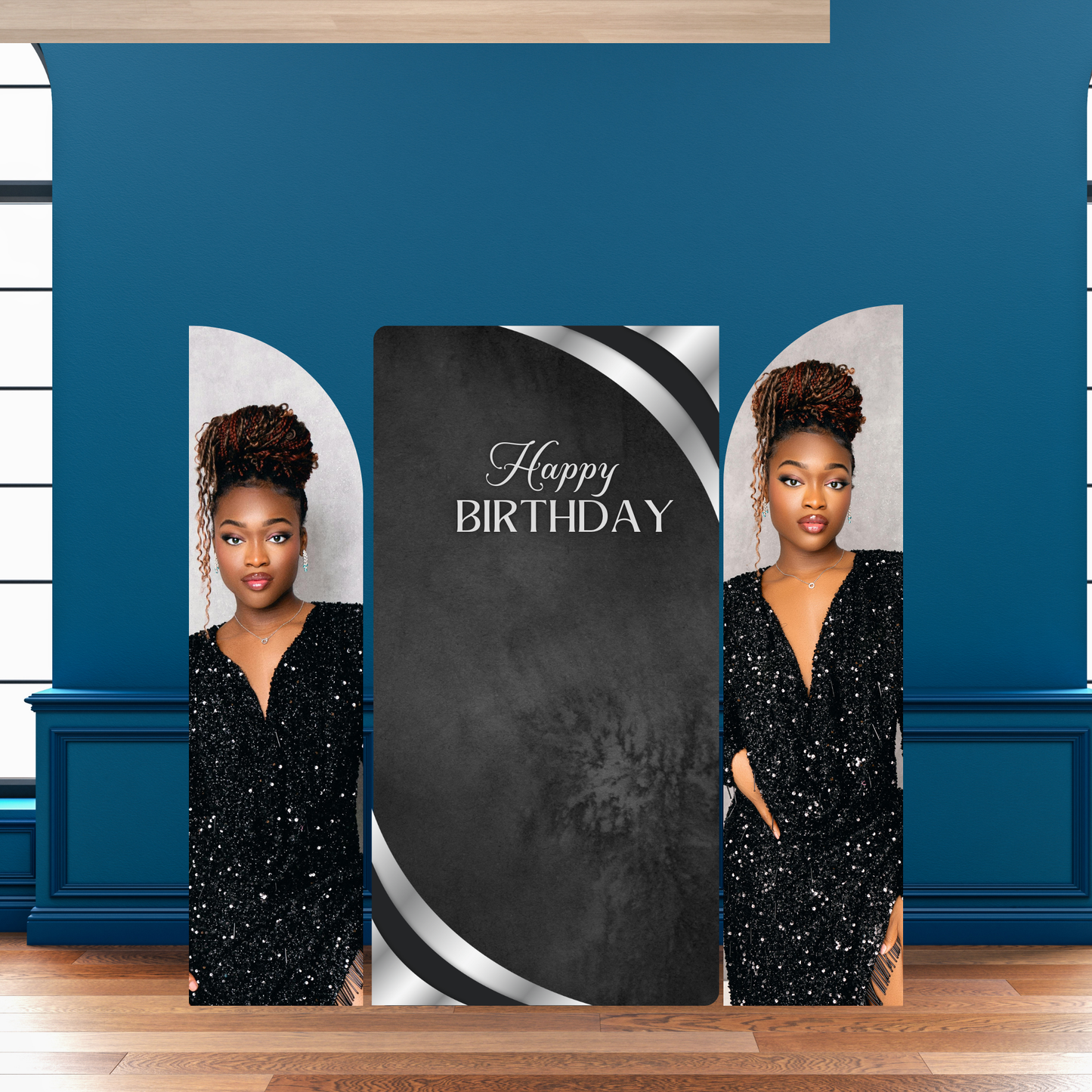 Custom Photo Birthday Backdrop | Personalized Picture Banner with Black and Silver Design | UK