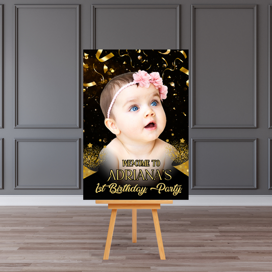 Personalised 1st Birthday Welcome Board Sign (Black & Gold Baby Photo)